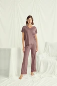 Kısa Kollu V Yakalı Dantelli Pijama Takımı - 4