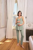Çiçek ve Yaprak Desenli Dantelli Hamile Lohusa 3'lü Pijama Takımı - 9