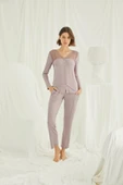 Yakası Kolu ve Omzu Dantelli Boydan Düğmeli Pijama Takımı - 1