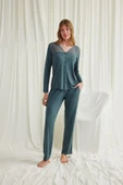 Yakası Omzu ve Paçası Dantelli Boydan Düğmeli Pijama Takımı - 5