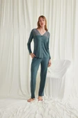 Yakası Omzu ve Paçası Dantelli Boydan Düğmeli Pijama Takımı - 1