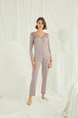 Yakası Kolu ve Omzu Dantelli Boydan Düğmeli Pijama Takımı - 4