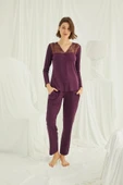 Yakası Omzu ve Paçası Dantelli Boydan Düğmeli Pijama Takımı - 1