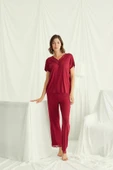 Kısa Kollu V Yakalı Dantelli Pijama Takımı - 1