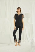 Yakası Detaylı Brode Dantelli Pijama Takımı - 1