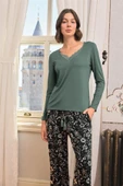 Çiçek ve Yaprak Desenli Dantelli Büyük Beden Pijama Takımı - 4