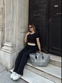 Crop pantolon biyeli takım siyah - 3