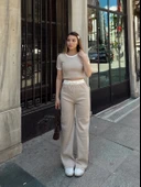 Crop pantolon biyeli takım bej thumbnail 1