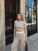 Crop pantolon biyeli takım bej thumbnail 6