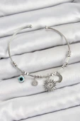 Pirinç Zirkon Taşlı Güneş Ay Ve Nazar Model Gümüş Renk Charm Bileklik - TJ-BB7346 - 1