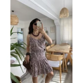 Lucky Life Kadın Askılı V Yaka Beli Pileli Leopar Desen Eteği Fırfırlı Süprem Elbise - 6