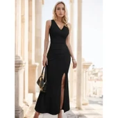 Lucky Life Kadın Askılı Kruvaze Yaka Yırtmaç Detaylı Janjan Krep Elbise - 1