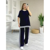 Lucky Life Kadın Kısa Kollu Bisiklet Yaka çift Renk şerit Detaylı Viskon Iki Iplik Bluz Ve Pantolon Ikili Takım - 2