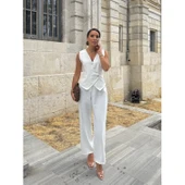 Lucky Life Kadın Sıfır Kollu çapraz V Yakalı önden Düğmeli Atlas Yelek Ve Pantolon Ikili Takım - 3