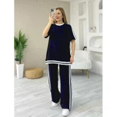 Lucky Life Kadın Kısa Kollu Bisiklet Yaka çift Renk şerit Detaylı Viskon Iki Iplik Bluz Ve Pantolon Ikili Takım - 3