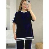 Lucky Life Kadın Kısa Kollu Bisiklet Yaka çift Renk şerit Detaylı Viskon Iki Iplik Bluz Ve Pantolon Ikili Takım - 1