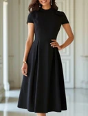 Lucky Life Kadın Kısa Kollu Yarı Balıkçı Yaka Pileli Janjan Krep Midi Elbise thumbnail 2