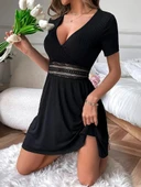 Lucky Life Kadın Kısa Kollu Kruvaze Yakalı Belden Dantelli Kaşkorse Elbise thumbnail 3