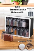 Buclee Simple Standlı 12'Li Kendinden Yapışkanlı Kaşıklı Kapaklı Baharatlık Takımı-Etiketli Baharatlık - 1