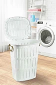 violet 65 Litre Bambu Desenli Çamaşır Sepeti, Halat Kulplu, Beyaz Renk - 1