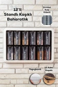 Buclee Simple Standlı 12'Li Kendinden Yapışkanlı Kaşıklı Kapaklı Baharatlık Takımı-Etiketli Baharatlık - 2