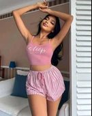 Kadın pembe çizgili desen Askılı Şortlu Pijama Takım 9002 - 1