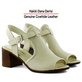 Erkan Saçmacı Elena Bej Hakiki Dana Derisi Delik Detaylı Kalın Topuklu Günlük Sandalet - 3