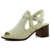 Erkan Saçmacı Elena Bej Hakiki Dana Derisi Delik Detaylı Kalın Topuklu Günlük Sandalet - 1