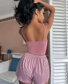 Kadın pembe çizgili desen Askılı Şortlu Pijama Takım 9002 - 2