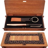 Ahşap Kutulu Bakır Roller Kalem ve Taba Anahtarlık Set - 1