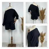 Kadın Kayık Yaka Oversize Asimetrik Bluz Ve şort Iki Iplik Takım - 2