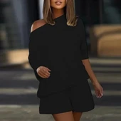 Kadın Kayık Yaka Oversize Asimetrik Bluz Ve şort Iki Iplik Takım - 1