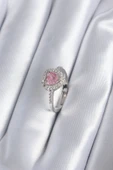 Pirinç Gümüş Renk Pembe Zirkon Taş Kalp Charm Model Kadın Yüzük - 1
