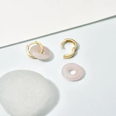 14 Ayar Altın Kaplama Gerçek ve Doğal Donut Rose Quartz Taşlı Halka Küpe - ES00153 - 7