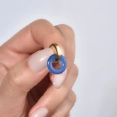 14 Ayar Altın Kaplama Gerçek ve Doğal Mavi Agat Taşlı Halka Küpe - ES00157 - 2