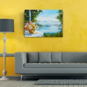 Masadaki Çiçekler ve Göl Manzarası Yağlıboya Kanvas Tablo 50 x 70 - 2