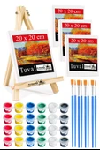 Mini Şövale 20x20 cm Tuval 3 ml Akrilik Boya 6 Renk ve Fırça 4 Adet 20x20 Mini Tuval Masaüstü Küçük Şövale Boyama Seti - 1