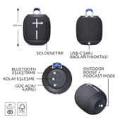 Ultimate Ears WONDERBOOM 4 Taşınabilir Su Geçirmez Bluetooth Hoparlör, Büyük Bas ve 360 Derece Ses - Siyah thumbnail 5