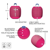 Ultimate Ears WONDERBOOM 4 Taşınabilir Su Geçirmez Bluetooth Hoparlör, Büyük Bas ve 360 Derece Ses - Pembe thumbnail 5