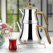 Yonca Lines L-3089 Naz Mini Boy Çelik Çaydanlık Takımı Altın Desenli Kulp - 1