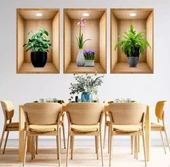 3D Çiçek Vazo Duvar Sticker 3 lü Set Kahverengi Fon - 3