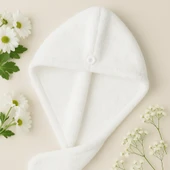 BEYLİNİ Saç Havlusu Peluş Kumaş Hızlı Kuruma Düğmeli Asılabilir Hafif Banyo Bonesi Yıkanabilir Beyaz 40x50cm - 2