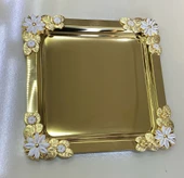 Mucit Home  Kenarları Zambak Motifli Kare Gold Sunum Tepsi - 2