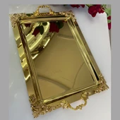 Mucit Home  Kulplu Kenarları Motifli Dikdörtgen Gold Tepsi - 1