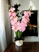 Beyaz Renkli Beton Saksıda 2 Dallı Islak Dokulu Yüksek Kaliteli Yapay Orkide thumbnail 9