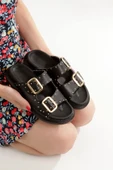 Zaris Siyah Hakiki Deri Çift Toka ve Altın Zımbalı Kadın Terlik - 1