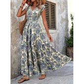 Lucky Life Kadın Kısa Kollu Kruvaze Yaka Beli Lastikli Süprem Maksi Boy Elbise - 1