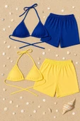 Kadın Sarı ve Mavi Şortlu Belden ve Boyundan Bağlamalı Bikini Takımı - 3