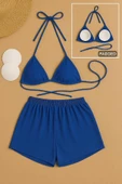 Kadın Mavi Şortlu Belden ve Boyundan Bağlamalı Bikini Takımı - 3