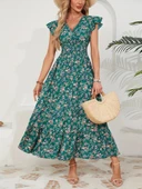 Lucky Life Kadın Kısa Kollu Kruvaze Yaka Beli Lastikli çiçek Desenli Elbise thumbnail 3